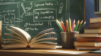 Wall Mural - open book in the foreground on a wooden desk with a pot of colored pencils to the right, and stacks of books to the left, against the background of a chalkboard filled with writing.