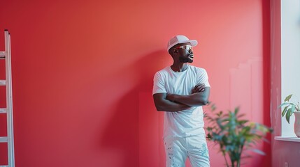 Stylish African American Man in White Attire Posing Against Red Wall