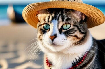 Wall Mural - Cat wearing summer hat relaxing sitting on deckchair in the sea background.