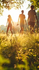 Wall Mural - Three friends walking in a field of tall grass during sunset