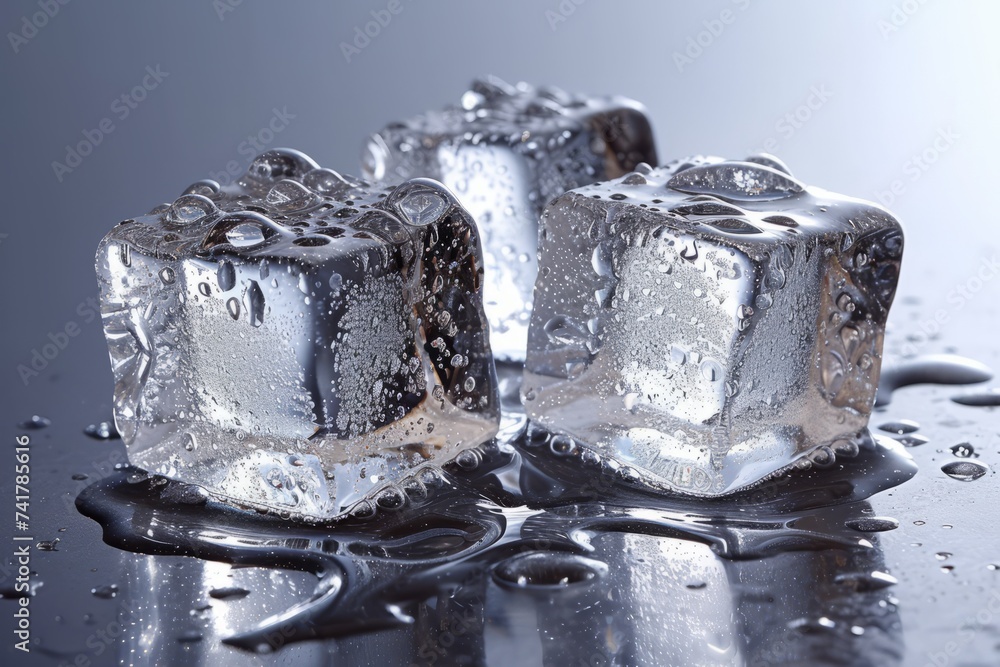 Three ice cubes melting on a reflective surface Stock Photo | Adobe Stock