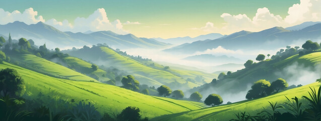 Sticker - Lush green hills under morning mist—a refreshing and invigorating nature scenery illustration.