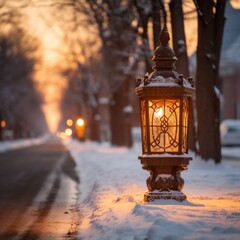 Poster - Vintage street lamp post with frosted glass shade covered in snow at sunset in a snowy small town