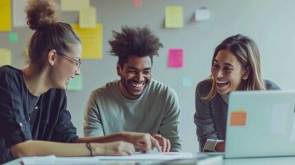 Multiethnic group of business professionals having fun brainstorming in the office