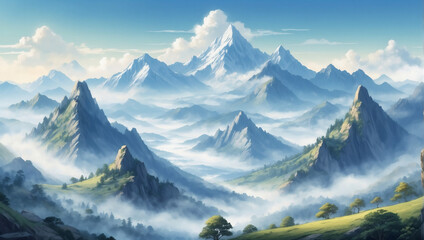 Poster - Majestic mountain range covered in morning mist—an enchanting nature scenery illustration evoking a sense of freshness and relaxation.