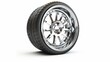 car tire and wheel, chrome-colored wheel, isolated on a white background.