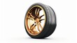 Car tire, aluminum wheels, wheel car, and gold color isolated on a white backdrop.