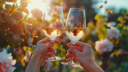 A couple of people holding wine glasses in their hands