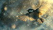 Portrait of chickadee like a dancer on stage under the floodlights ,
Bird flapping its wings in pond of water
