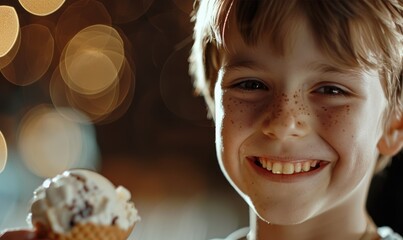 A happy, smiling child boy is enjoying eating an ice-cream