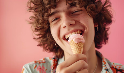 A happy, smiling child boy is enjoying eating an ice-cream