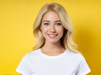 Poster - Young woman wearing bella canvas white shirt mockup, at yellow background. Design tshirt template, print presentation mock-up. AI generated.