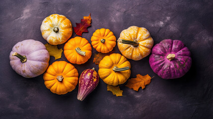 Wall Mural - A group of pumpkins with dried autumn leaves and twig, on a vivid purple color stone