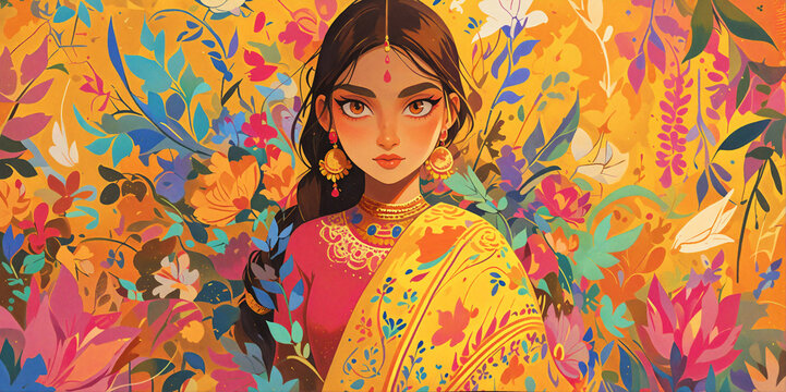 Illustration of a Indian woman in traditional attire with a vibrant floral backdrop. Cultural and fashion concept. Image for festive poster, greeting card, postcard or invitation.