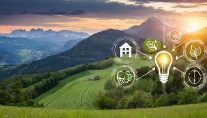 Wall Mural - green energy innovation light bulb with future industry of power generation icon graphic interface. 