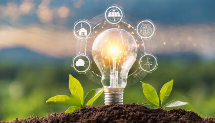 Wall Mural - green energy innovation light bulb with future industry of power generation icon graphic interface. 