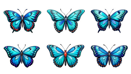 Vector set of blue butterflies isolated