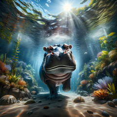 Wall Mural - A hippopotamus peering under the water, its head emerging from a swim. The scene is beneath the surface where the water