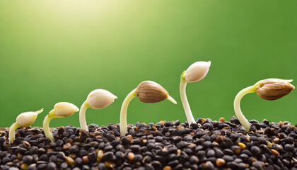 Sequence of seed germination on green background