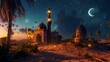  landscape with a mosque, moon, and stars. 3D rendering