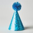 Festive Blue Party Hat with Glitter and Pompom, Sparkling Blue Celebration Cap Isolated on White Background, Shiny Blue Birthday Hat with Festive Pompom, easy to cutout