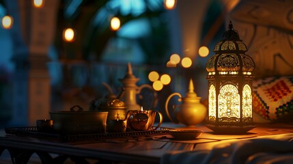 Sticker - 3D illustration of Ramadan Kareem's background with mosque and lanterns