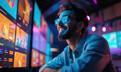 A smiling digital marketer with vibrant color screens displaying successful e-commerce campaigns on the background