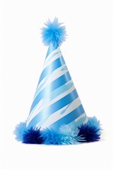 Sticker - Festive Blue Birthday Party Cap, Blue Striped Hat, Fun Party Hat, Festive Blue Party Hat with Pompom, Blue Party Hat Isolated on White, Fun Party Hat with Blue Patterns, Party Hat, easy to cut out
