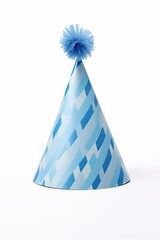 Sticker - Festive Blue Birthday Party Cap, Blue Striped Hat, Fun Party Hat, Festive Blue Party Hat with Pompom, Blue Party Hat Isolated on White, Fun Party Hat with Blue Patterns, Party Hat, easy to cut out
