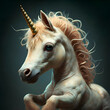 portrait of cutest adorable Unicorn baby with golden horn  running against cyan background. Digital artwork. Ai generated