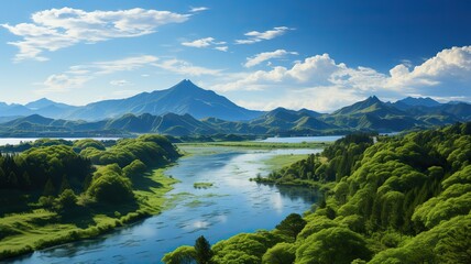 Wall Mural - Outdoor nature adventure travel landscape with river lake forest and mountain. Green color scene view