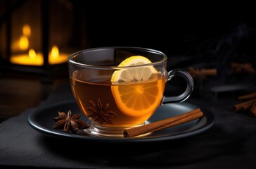 Canvas Print - a cup of cinnamon tea on a black background with cinnamon sticks and slices of lemon and orange