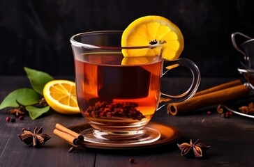 Wall Mural - tea with cinnamon, orange, lemon, herbs and mint