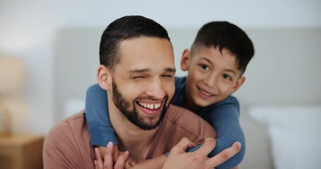 Wall Mural - Family, love and surprise with son hugging father in bedroom of home together for playful bonding. Portrait, smile or playing with happy man parent and excited boy child laughing on bed in apartment