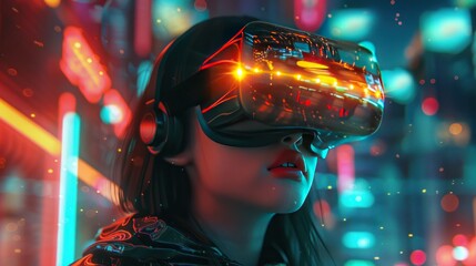 Cyberpunk woman using modern VR virtual technology, future technology concept AI generated image