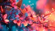 The image showcases a close-up view of delicate flowers bathed in an enchanting mix of warm and cool neon lights, creating a dreamlike atmosphere. Tiny glowing orbs float gently around the petals, whi