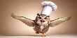 Cute owl jumping with happiness wearing a chef's hat on a light plain background. Creative concept of animal cooks. Food promotion banner with copy space.