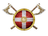 Fototapeta Panele - Viking shield and axes isolated on transparent background. 3D illustration