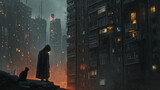 Dystopian Cityscape with Lone Figure and Cat