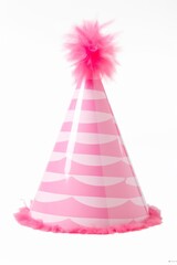Poster - Pink Striped Party Hat isolated on white, Elegant Pink Party Hat with Feather Trim, Pink Birthday Party Hat with Fluffy Pom-Pom, Festive Birthday Party Hat, White Background,Party Hat,Easy to Cut Out
