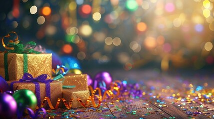 This image captures a festive scene with shimmering gift boxes adorned with blue and green ribbons, placed amongst a multitude of gleaming, colorful decorations and baubles. The background is softly b