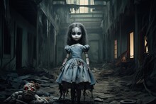 Halloween Nightmare: A Spooky Zombie Doll Standing Near Dilapidated Ruins.