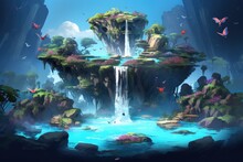Floating Island With Enchanting Waterfalls And Butterflies.