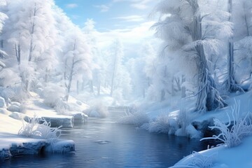 Aufkleber - 3D snowy winter landscape with frosty trees