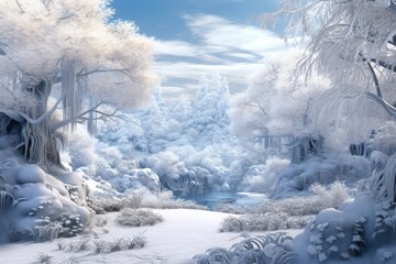 Aufkleber - 3D snowy winter landscape with frosty trees