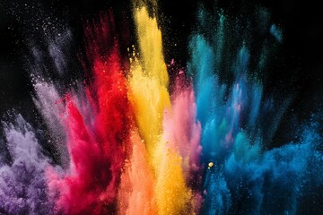 Wall Mural - Colorful rainbow powder on black background, in the style of high speed film, vibrant, exaggerated scenes, intense movement expression, primary colors, bold color blocks.