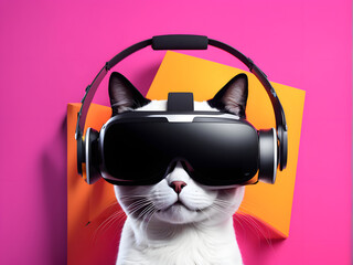 Cutting Edge Pet Tech. 3D Cat Wearing Virtual Reality Glasses on Retro Neon. Step into the Future of Pet Entertainment