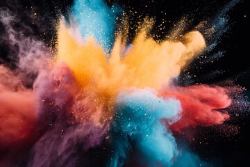 Wall Mural - Colorful rainbow powder on black background, in the style of high speed film, vibrant, exaggerated scenes, intense movement expression, primary colors, bold color blocks.