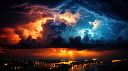 Wall Mural - mighty lightning dissect the night sky, like flames in dark great