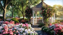 A Garden Gazebo Nestled Amidst Blooming Roses, Evoking A Sense Of Peace And Tranquility In The Enchanting Springtime Setting.